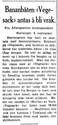 1939.09.08 - Aftenposten A S07 - Bananbåten Vegesack antas a bli vrak